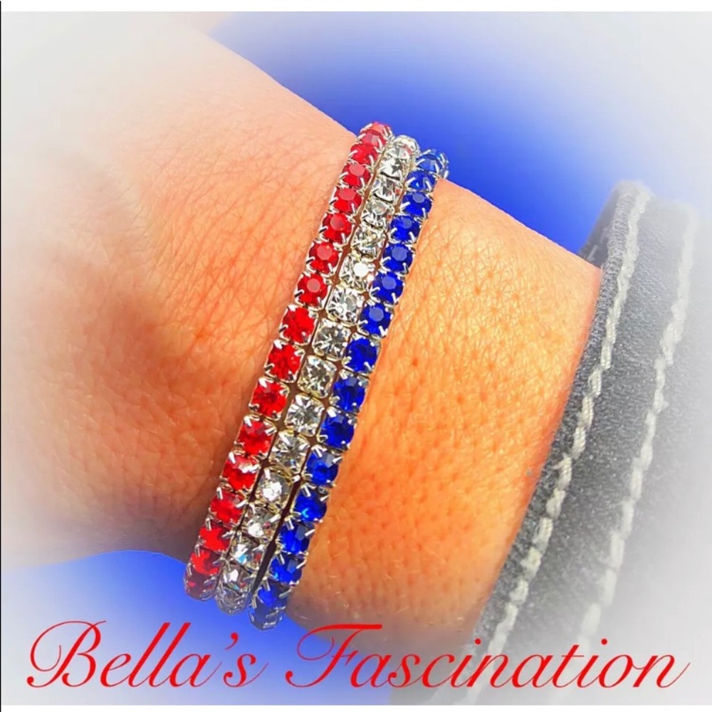 Patriotic Bracelet 3 Pc Set Stretch Crystal Silver